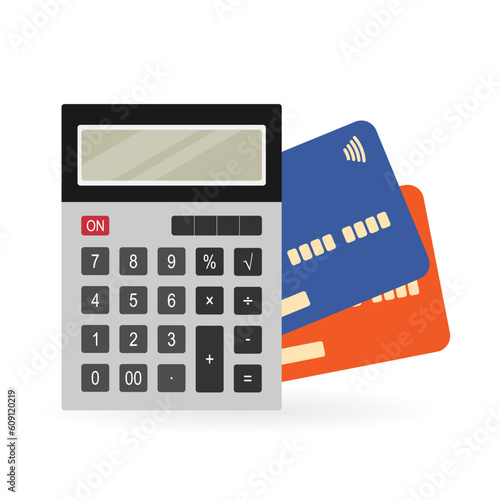 Calculator and credit cards. Concept of financial management, money savings, assets planning, counting finance, distributing budget. Isolated vector illustration of calculator and credit cards