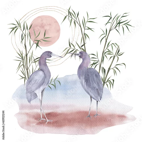 Obraz Watercolor crane with flower bamboo and moon. Japanese design. Hand drawn illustration on white background