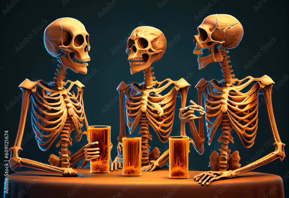 Three human skeletons are sitting at the table, smoking and drinking alcohol. AI generative. Three human skeletons are sitting at the table, smoking and drinking alcohol. AI generative.