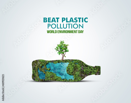 #BeatPlasticPollution, World Environment day 3D concept 2023 tree background.  photo