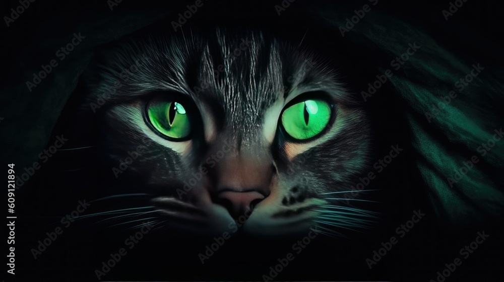 Cat isolated in a dark room with green chroma its piercing eyes glowing ...
