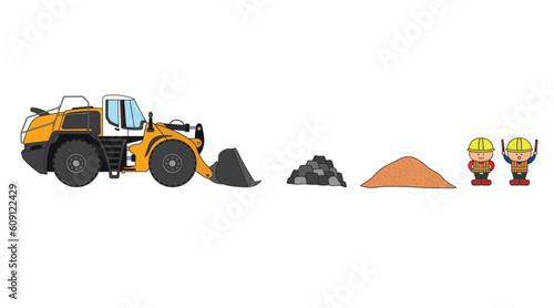 Vector illustration color children construction wheel loader construction vehicle with construction workers clipart © wordspotrayal