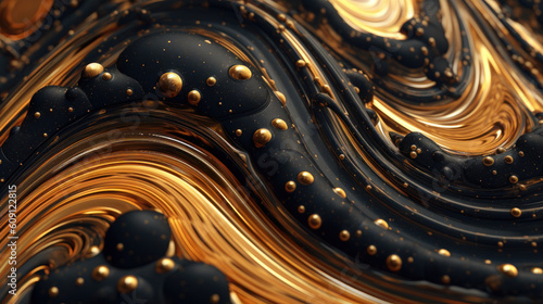 Cosmic Fusion: Psychedelic Ferrofluidal Alchemy in Gold and Black. Generative AI photo