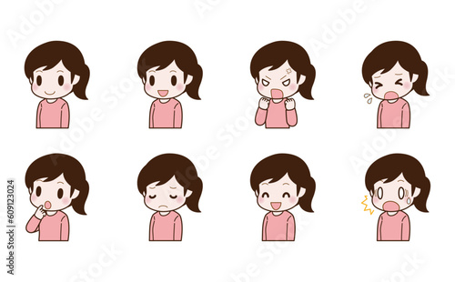 かわいい女性の表情イラスト セット 通常 喜び 怒り