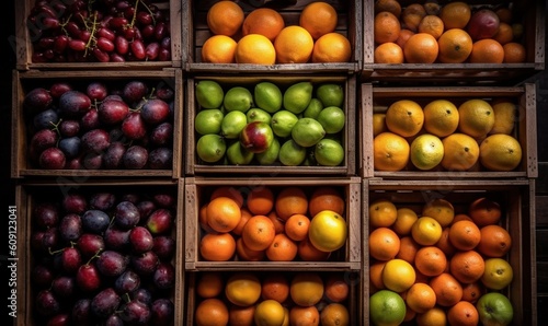  a bunch of boxes filled with different types of fruit in them.  generative ai