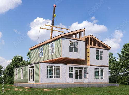 Assembling a modular house exterior. 3d illustration