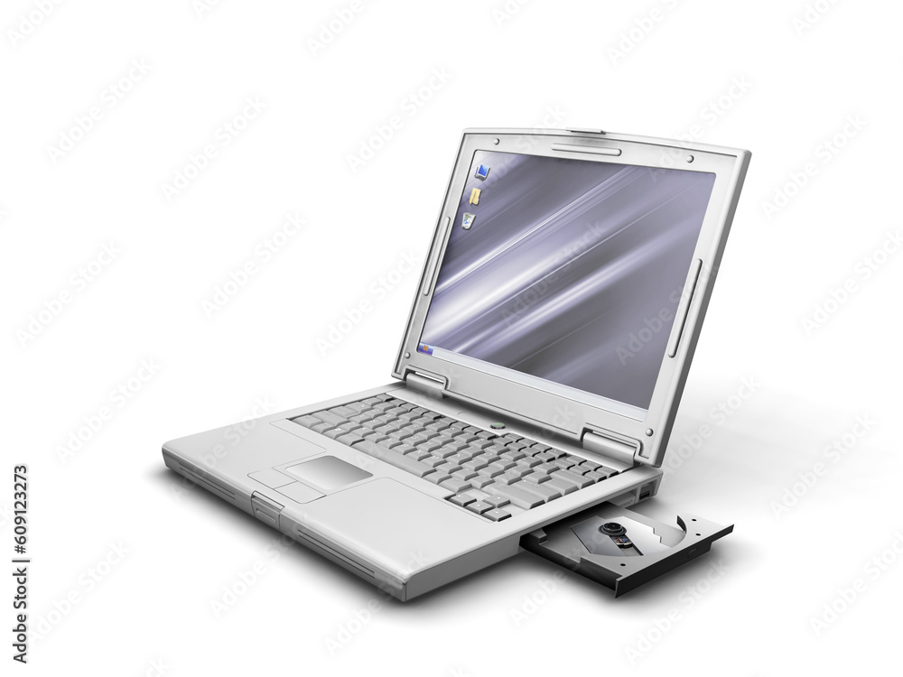 Generic laptop with cd drive open isolated on white background Generic laptop with cd drive open isolated on white background