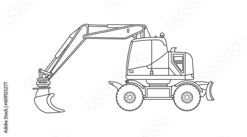 Hand drawn Vector illustration color children construction hydraulic rock breaker crawler excavator construction machine clipart