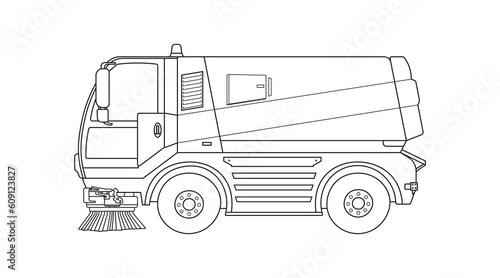 Hand drawn Vector illustration color children construction road sweeper truck cleaning machine clipart