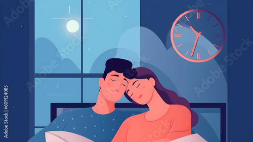 simple flat illustration of a sleeping young couple, young lovers fell asleep on each other's shoulders, minimalistic drawing of a sleeping couple, generative ai photo
