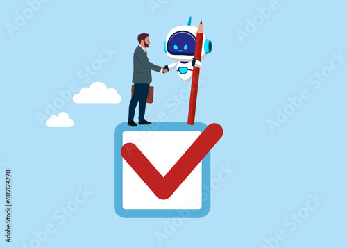 Businessman and robot handshake completed checkbox. Commitment, promise or agreement to deliver, trust on work responsibility. Flat vector illustration.