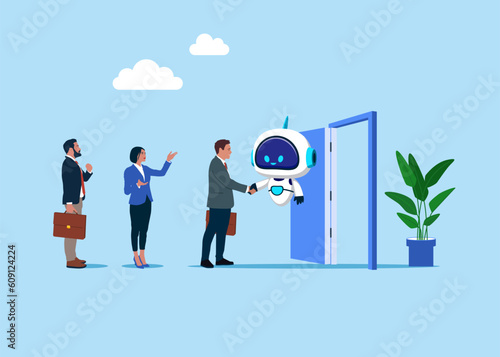 Businessman and robot handshake welcome and introduce new staff to team. Onboarding employee, warm welcome to new office, orientation training on first day. Vector illustration