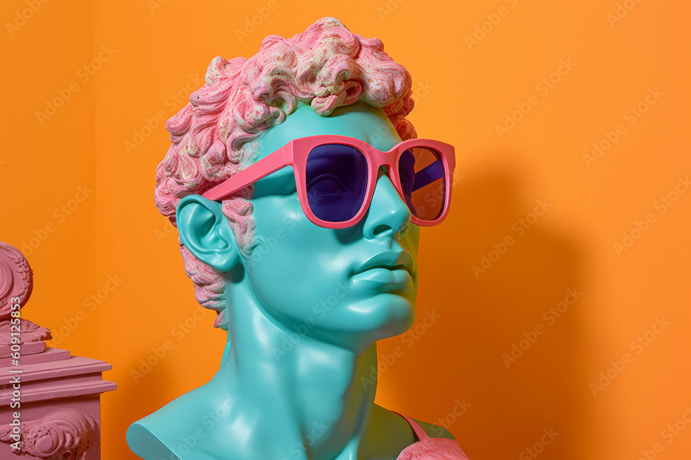 Ancient head sculpture wearing summer sunglasses. Generative ai - obrazy, fototapety, plakaty 