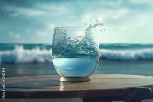 A glass of drinking water and water splash on wooden table next to the beach