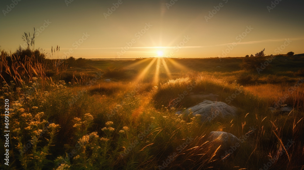 Fototapeta premium Generative AI Illustration of a Landscape at Sunrise or Dawn
