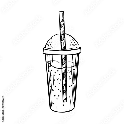 Black and white cold summer drink in white background. Plastic cup of soda with straw. Summer beverage. Sketch style drawing. Vector illustration