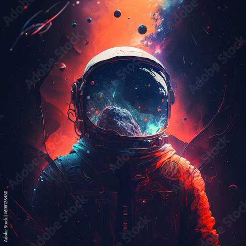 Spaceman portrait in spacesuit on red background. Fantasy astronaut for National Space Day. Generative AI 