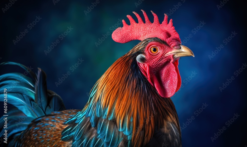  a rooster with a red comb and blue feathers on a dark background.  generative ai