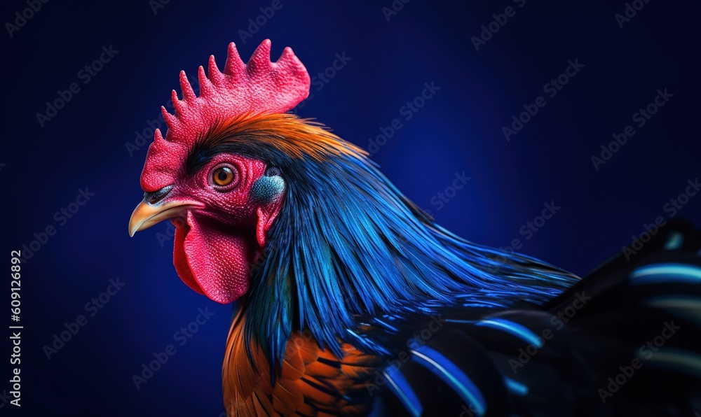 a close up of a colorful rooster on a blue background. generative ai a close up of a colorful rooster on a blue background. generative ai