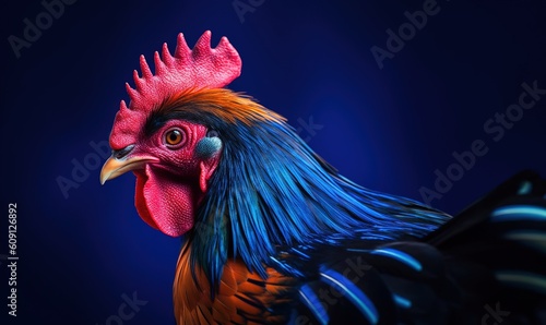  a close up of a colorful rooster on a blue background.  generative ai © Anna