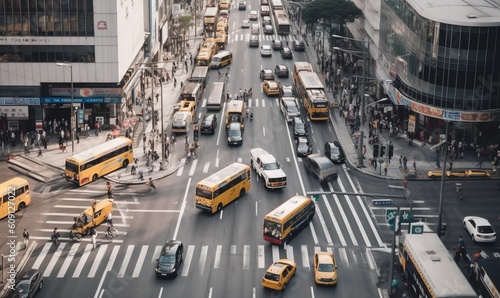  a city street filled with lots of yellow buses and cars.  generative ai