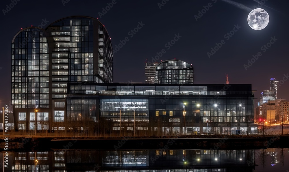 Fototapeta premium a full moon shines over a city at night with a reflection in the water. generative ai