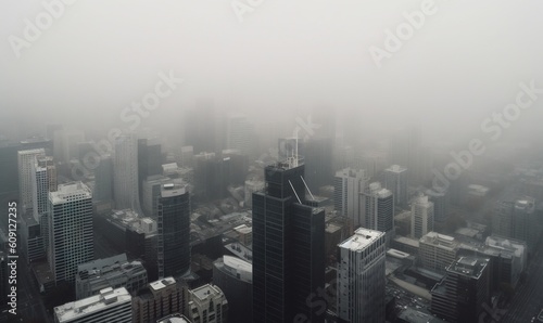  a foggy cityscape with tall buildings and skyscrapers.  generative ai © Anna