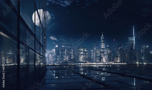  a cityscape with a full moon in the sky.  generative ai