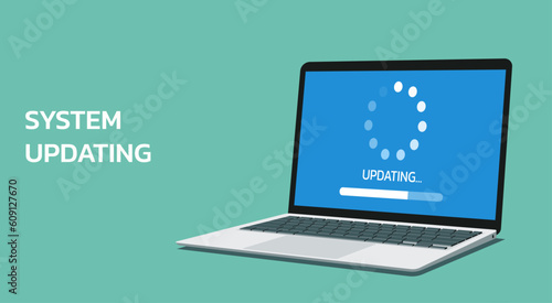 laptop with computer software system update and development concept, vector flat illustration