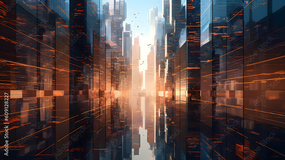 A digital cityscape with towering skyscrapers made of glass and light created with Generative AI technology