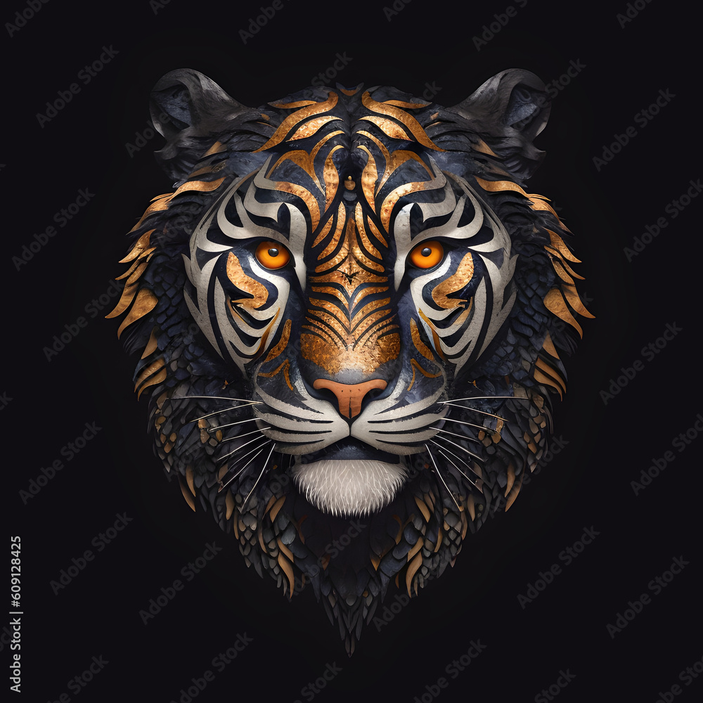 Elegant lion face illustration, AI generated