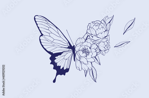 Bright illustration with a butterfly and flowers on a blue background. 