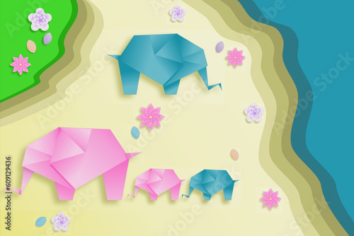 Elephants Family Origami Paper Cut style 