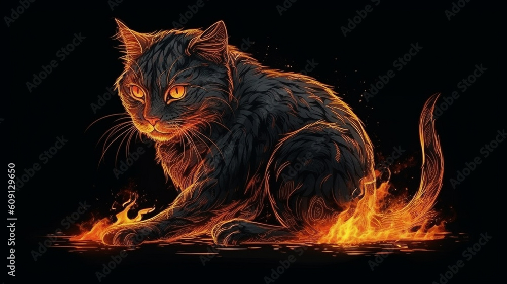 Beautiful cat in fire on a black background. generative ai