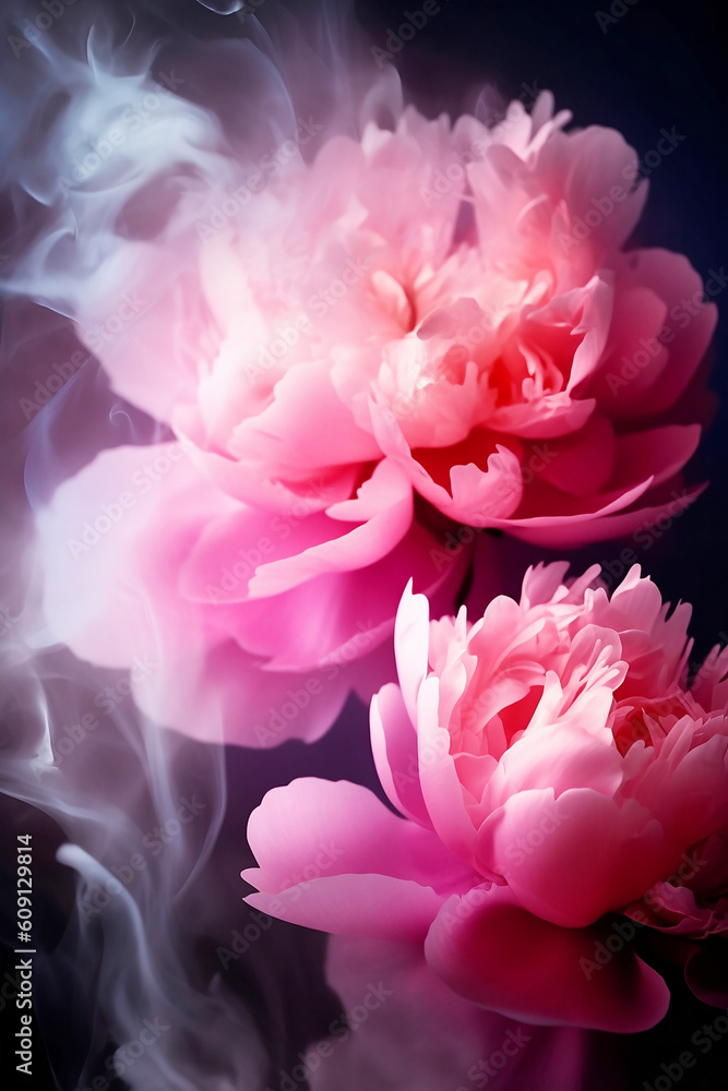 blooming pink poenies covered with fog on dark background