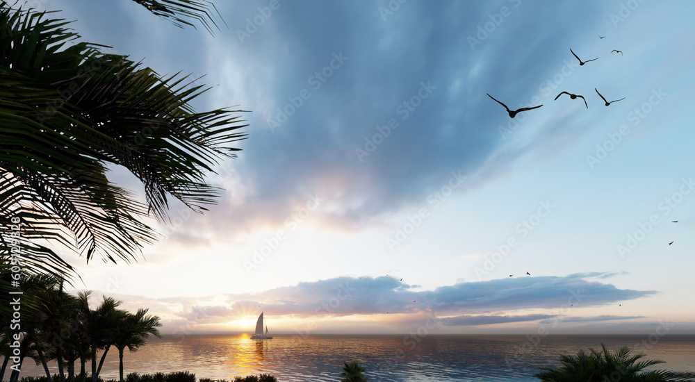 Sunset sky over the sea and beach. Waves washing the sand. Palm trees on the caribbean tropical beach. Vacation travel background. 3d rendering. Holiday concept.
