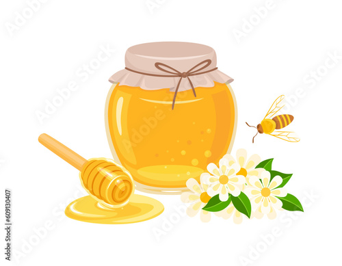 Honey in glass jar, flowers, bee and wooden honey dipper isolated on white background. Vector cartoon flat illustration.
