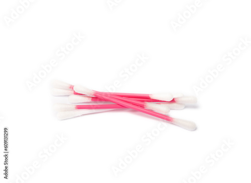 White cotton swabs isolated on white background. Cotton buds. Plastic cotton swabs. Eco friendly. Hygienic cotton swabs for ears. Place for text. Place to copy.