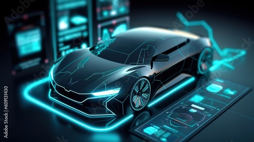 Electric Vehicle with Self-Driving. Future Car Software Technology.Self-Driving Car, Autonomous Vehicle, Driverless Car, Robo-Car, 3D illustration, 3D rendering, ai