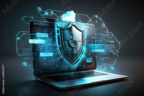 Cyber security, data protection, cyberattacks concept on blue background. Database security software development. Online security concept. Laptop protected with shield. AI