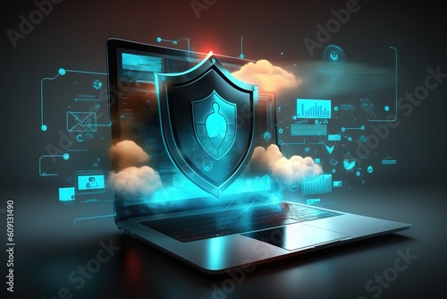 Cyber security, data protection, cyberattacks concept on blue background. Database security software development. Online security concept. Laptop protected with shield. AI