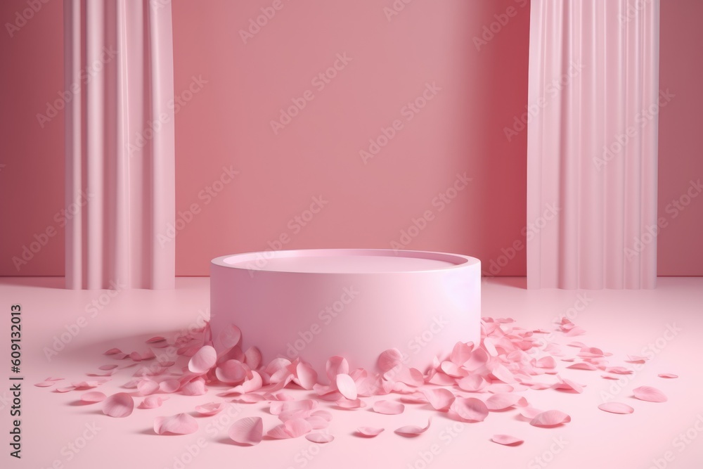 pink background with rose petals and podium for cosmetics and accessories. Generative AI