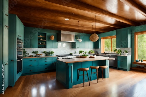 modern kitchen interior, hardwood floor, furniture, real estate home, no people, generative ai