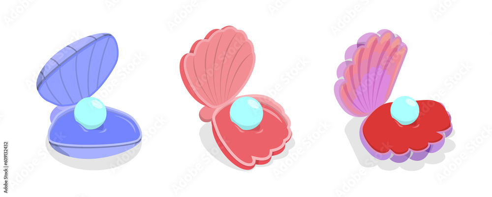 3D Isometric Flat Set of Pearl Shells 3D Isometric Flat Set of Pearl Shells