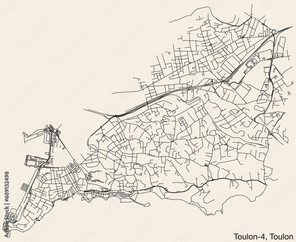 Fototapeta premium Detailed hand-drawn navigational urban street roads map of the TOULON-4 CANTON of the French city of TOULON, France with vivid road lines and name tag on solid background