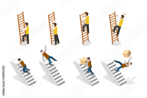 3D Isometric Flat  Conceptual Illustration of Climbing Staircase and Ladder photo
