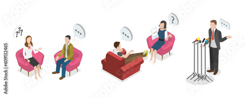 3D Isometric Flat Conceptual Illustration of TV Interview