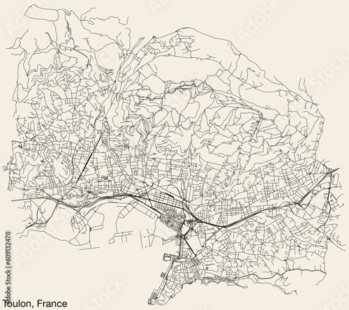 Detailed hand-drawn navigational urban street roads map of the French city of TOULON, FRANCE with solid road lines and name tag on vintage background