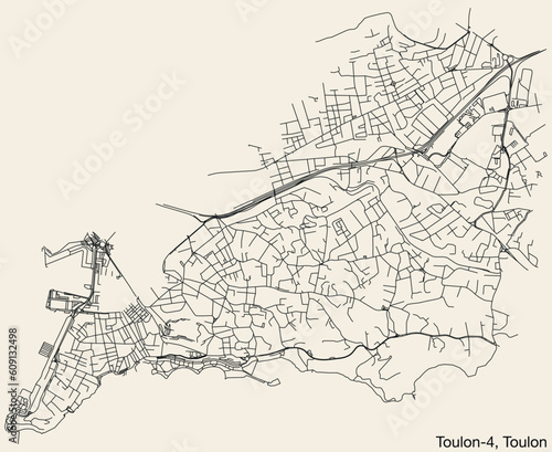 Detailed hand-drawn navigational urban street roads map of the TOULON-4 CANTON of the French city of TOULON, France with vivid road lines and name tag on solid background