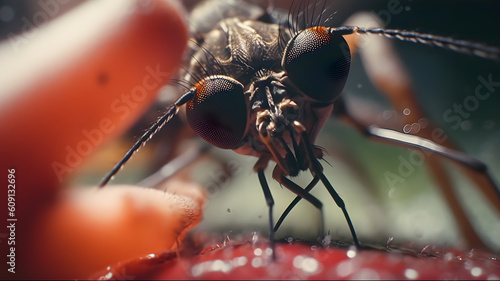 Macro image of a mosquito biting a person and sucking blood. Danger of mosquito-borne diseases. Generative ai. photo